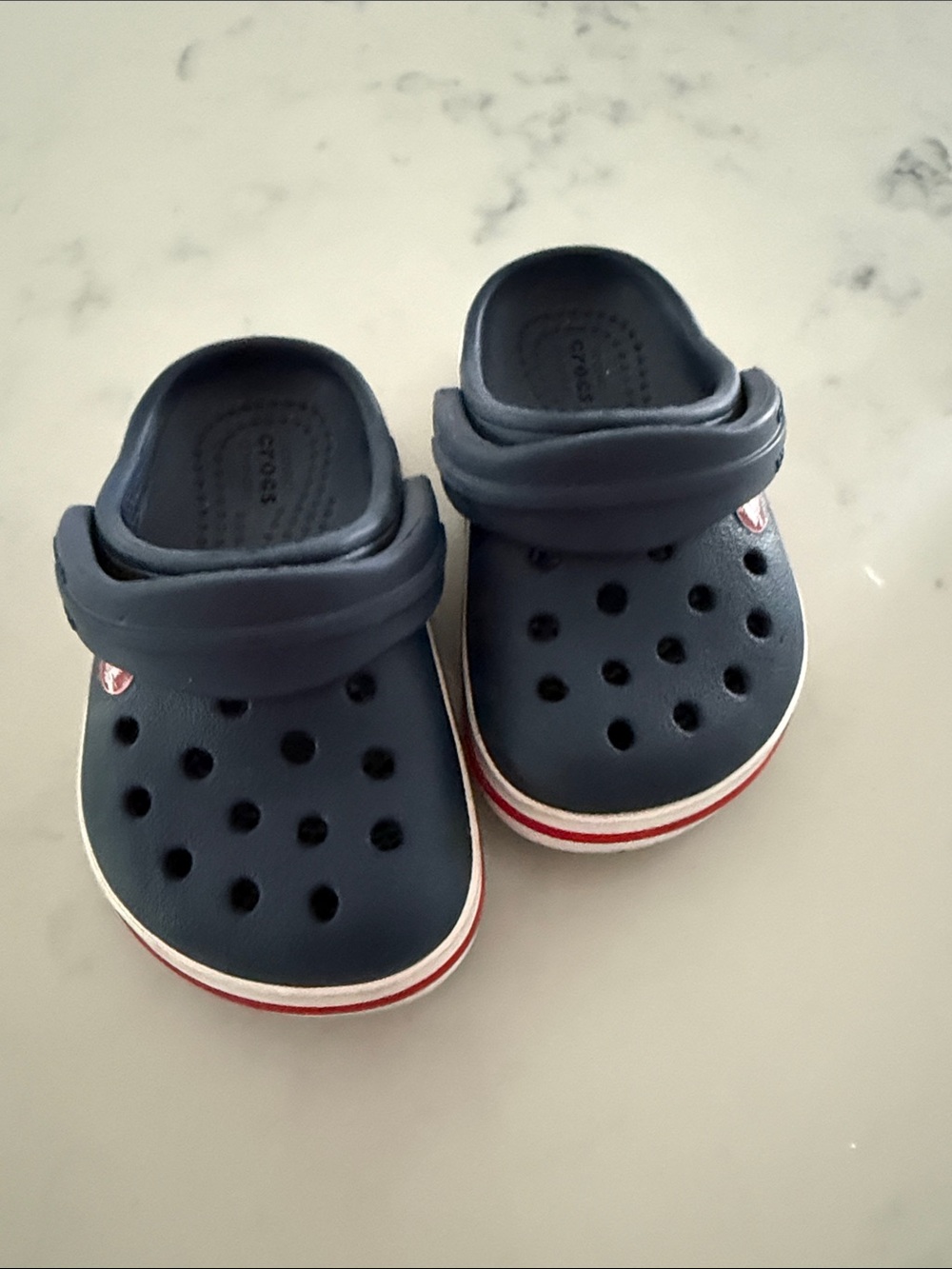 CROCS Kids Navy Clogs with Red and White Stripe